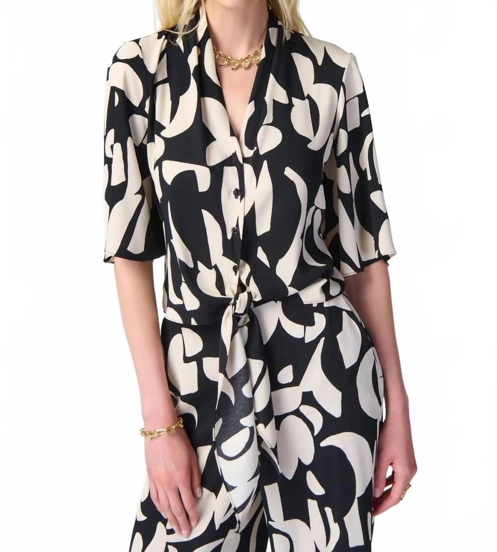 NEW JOSEPH RIBKOFF abstract print front tie blouse in black/tan